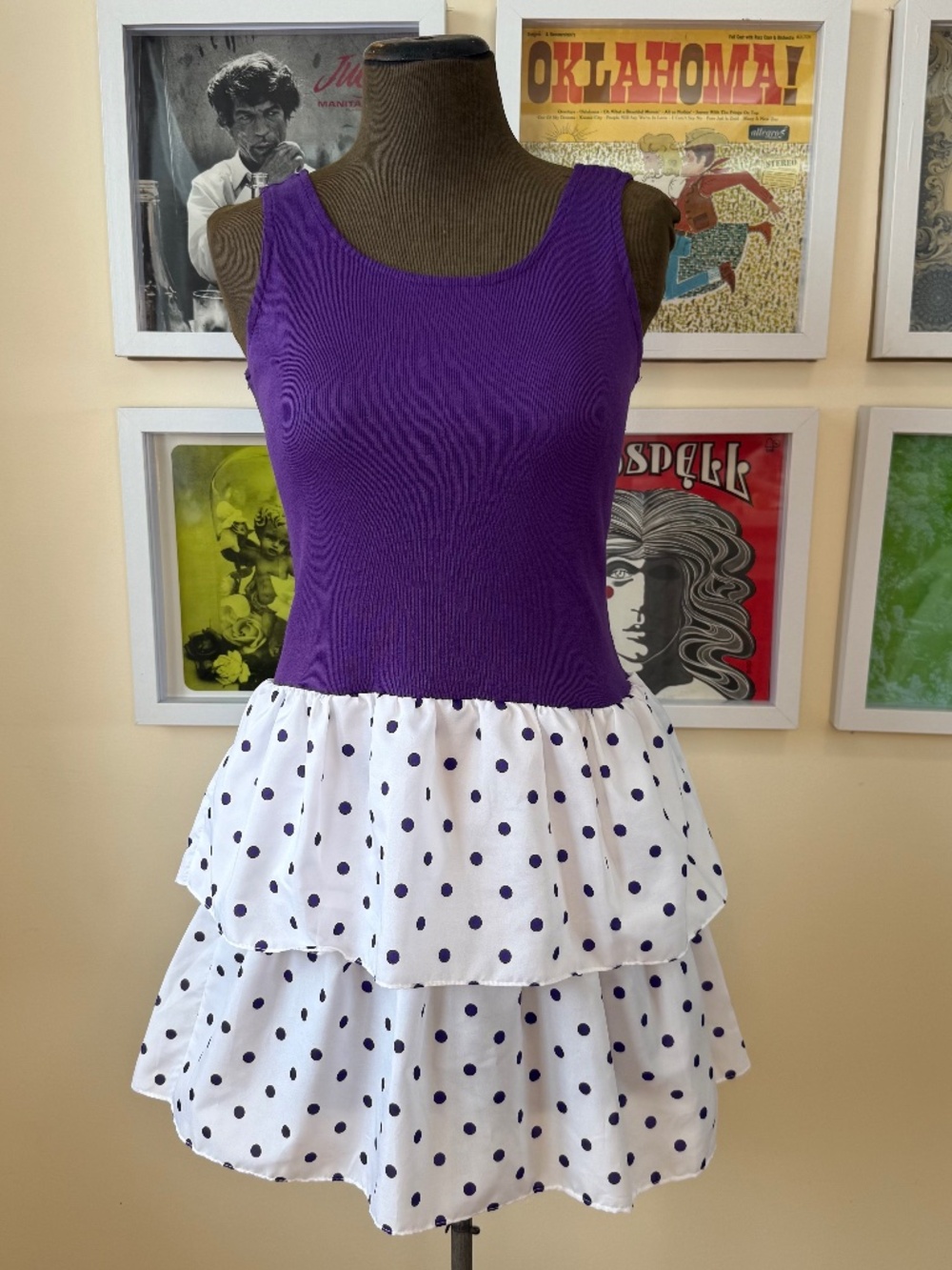 VINTAGE 80s PURPLE POLKA DOT DROP WAIST MINI DRESS • COQUETTE PARTY DRESS